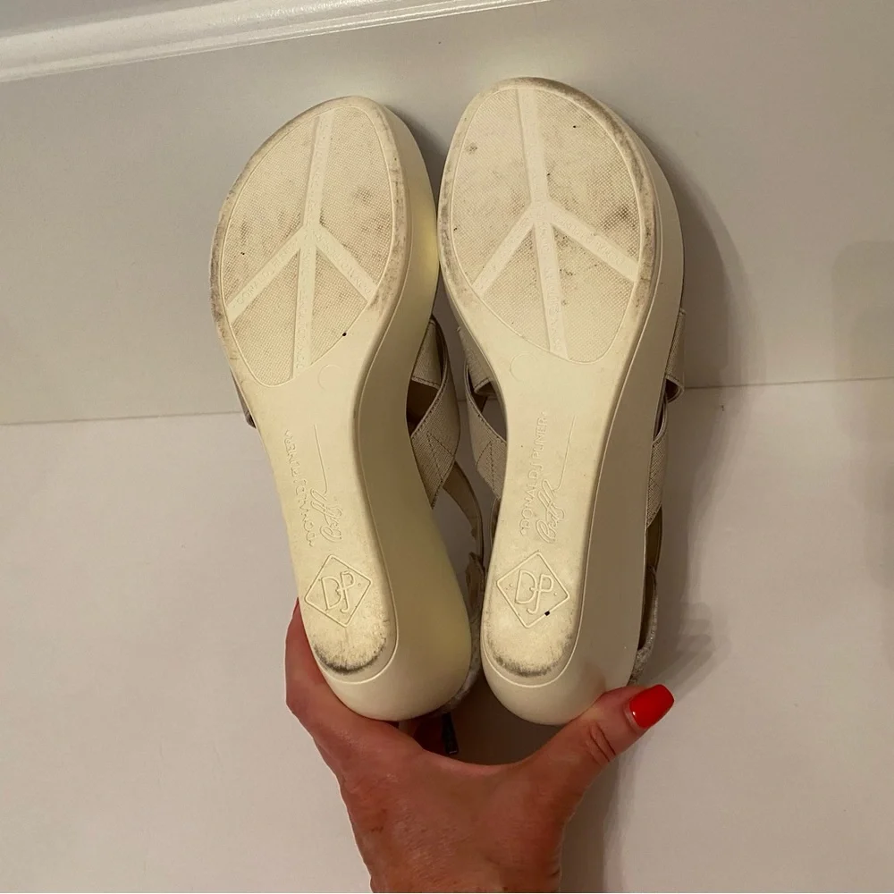 DONALD J PLINER SHOES WEDGE GRAY LEATHER TEXTILE STRAP ZIP BACK WHITE SOLE 7.5 M
